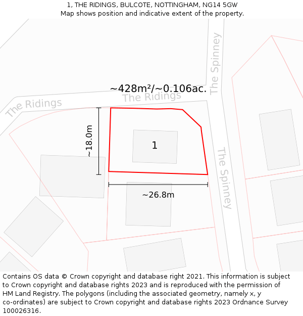 1, THE RIDINGS, BULCOTE, NOTTINGHAM, NG14 5GW: Plot and title map