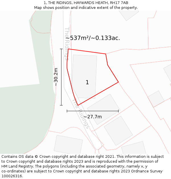 1, THE RIDINGS, HAYWARDS HEATH, RH17 7AB: Plot and title map