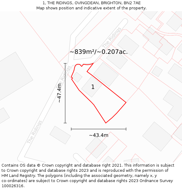 1, THE RIDINGS, OVINGDEAN, BRIGHTON, BN2 7AE: Plot and title map