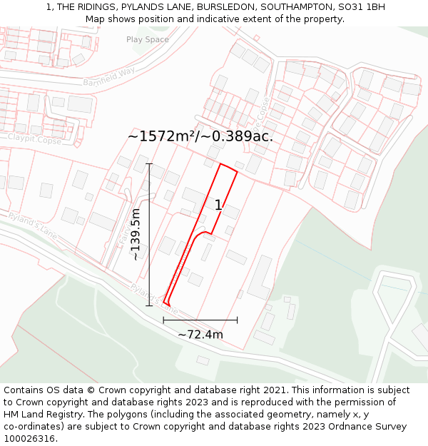1, THE RIDINGS, PYLANDS LANE, BURSLEDON, SOUTHAMPTON, SO31 1BH: Plot and title map