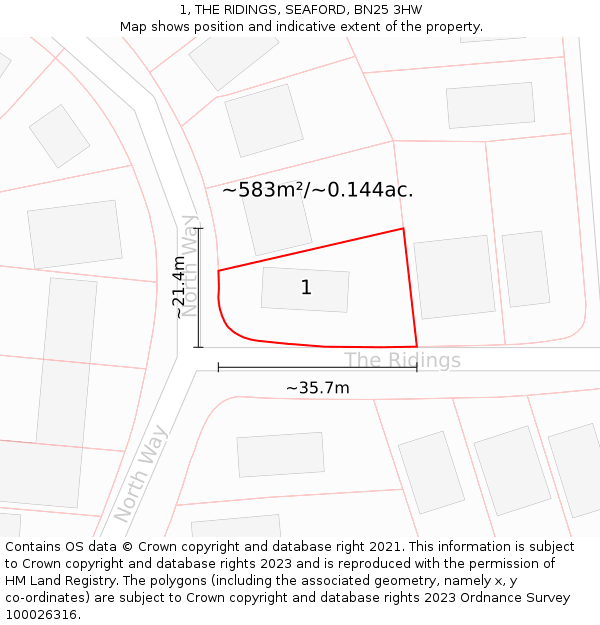 1, THE RIDINGS, SEAFORD, BN25 3HW: Plot and title map