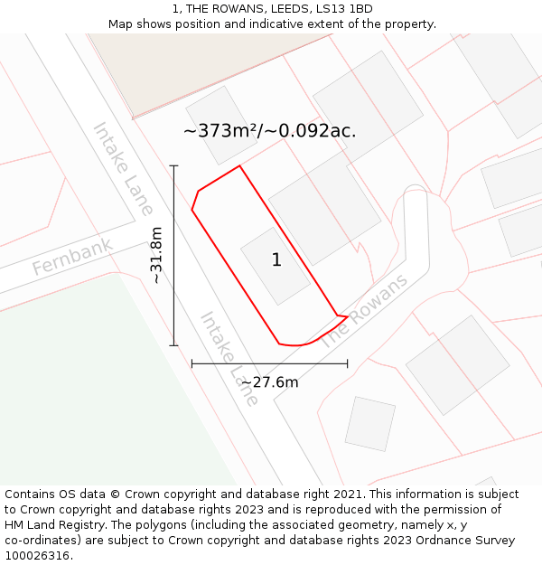 1, THE ROWANS, LEEDS, LS13 1BD: Plot and title map