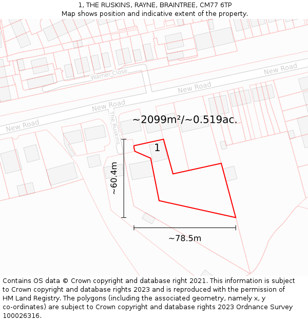 1, THE RUSKINS, RAYNE, BRAINTREE, CM77 6TP: Plot and title map