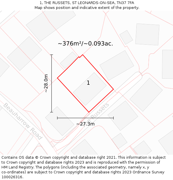 1, THE RUSSETS, ST LEONARDS-ON-SEA, TN37 7FA: Plot and title map