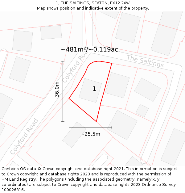 1, THE SALTINGS, SEATON, EX12 2XW: Plot and title map