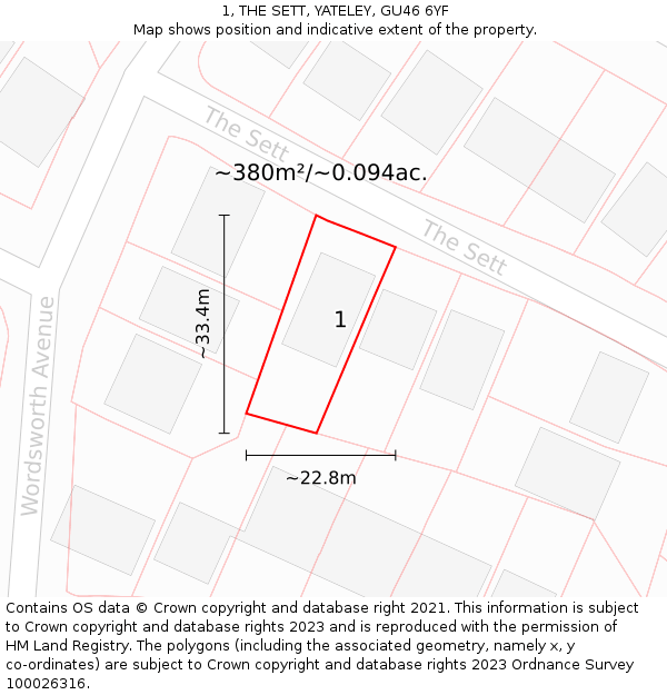 1, THE SETT, YATELEY, GU46 6YF: Plot and title map