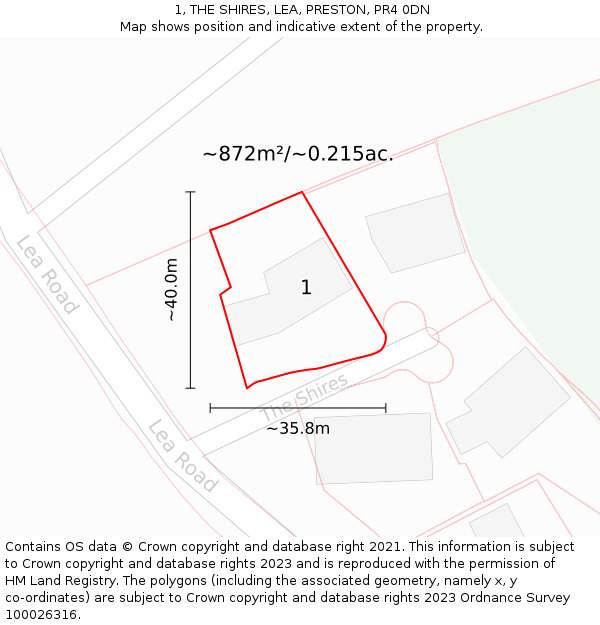 1, THE SHIRES, LEA, PRESTON, PR4 0DN: Plot and title map