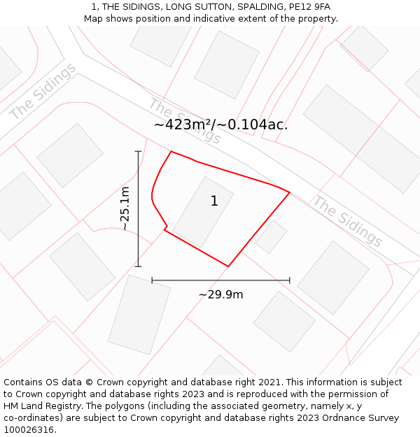 1, THE SIDINGS, LONG SUTTON, SPALDING, PE12 9FA: Plot and title map