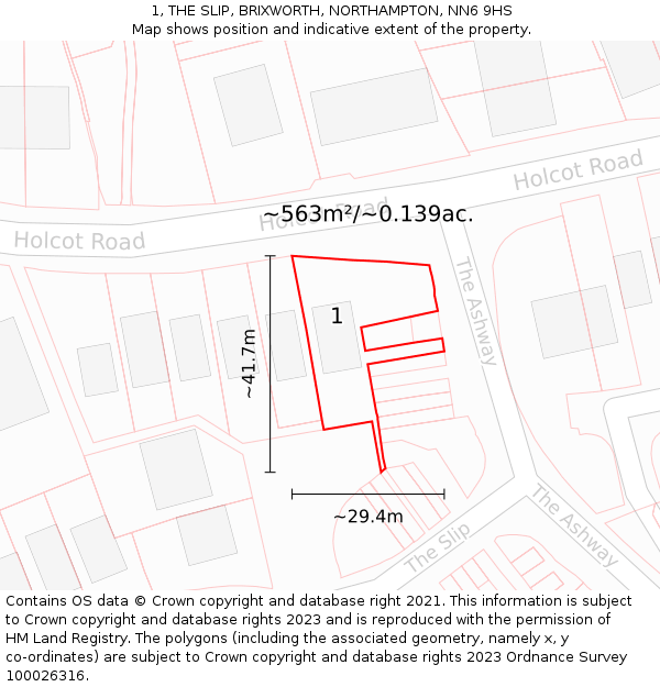 1, THE SLIP, BRIXWORTH, NORTHAMPTON, NN6 9HS: Plot and title map