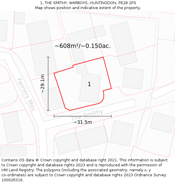 1, THE SMITHY, WARBOYS, HUNTINGDON, PE28 2PS: Plot and title map