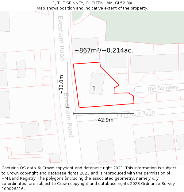 1, THE SPINNEY, CHELTENHAM, GL52 3JX: Plot and title map