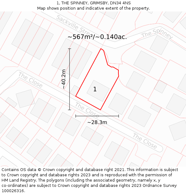 1, THE SPINNEY, GRIMSBY, DN34 4NS: Plot and title map