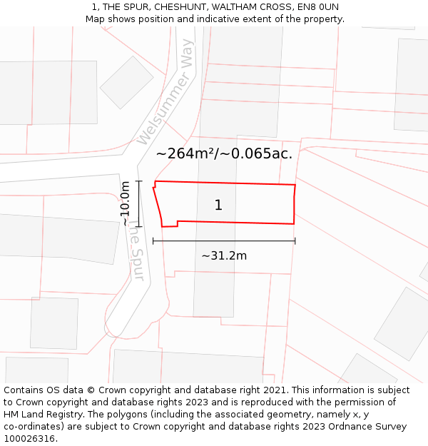 1, THE SPUR, CHESHUNT, WALTHAM CROSS, EN8 0UN: Plot and title map