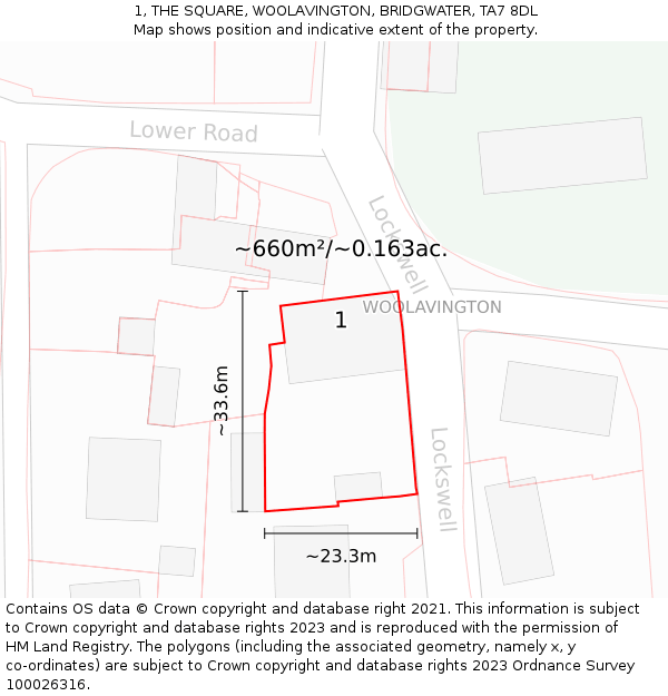 1, THE SQUARE, WOOLAVINGTON, BRIDGWATER, TA7 8DL: Plot and title map
