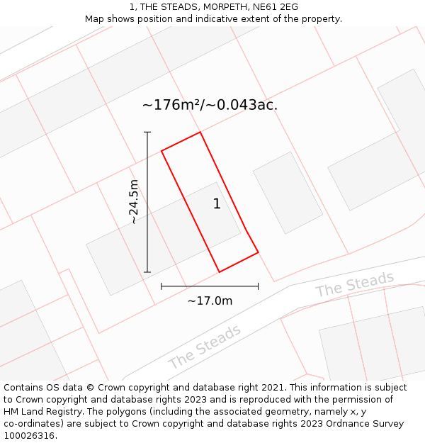 1, THE STEADS, MORPETH, NE61 2EG: Plot and title map