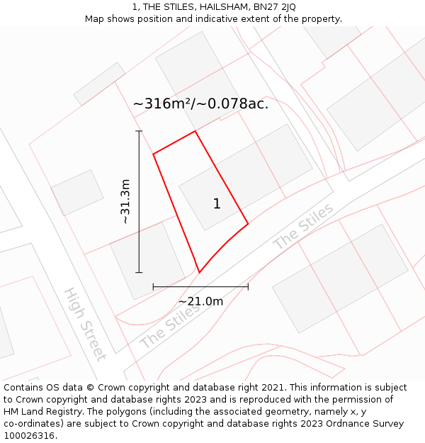 1, THE STILES, HAILSHAM, BN27 2JQ: Plot and title map