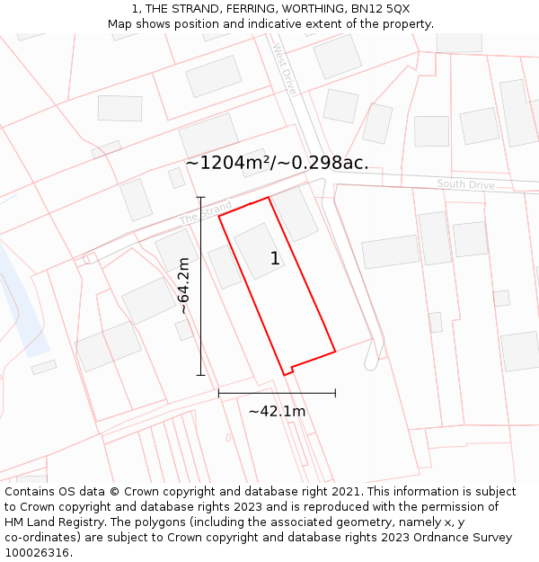 1, THE STRAND, FERRING, WORTHING, BN12 5QX: Plot and title map