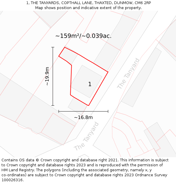 1, THE TANYARDS, COPTHALL LANE, THAXTED, DUNMOW, CM6 2RP: Plot and title map