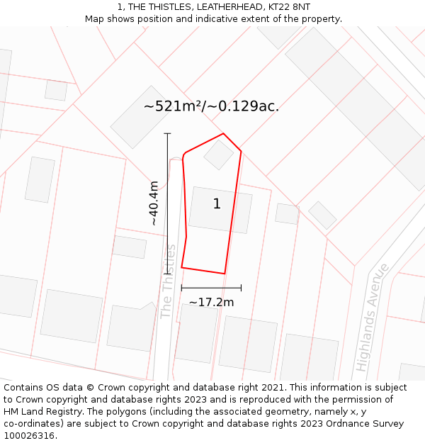 1, THE THISTLES, LEATHERHEAD, KT22 8NT: Plot and title map