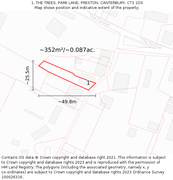 1, THE TREES, PARK LANE, PRESTON, CANTERBURY, CT3 1DS: Plot and title map