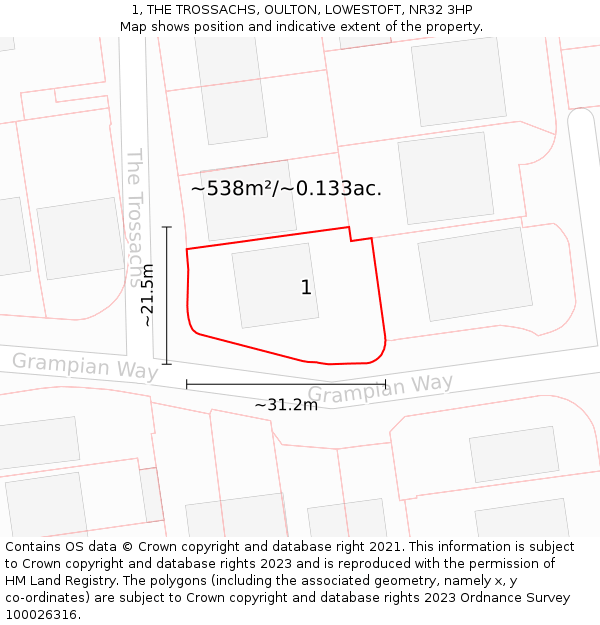 1, THE TROSSACHS, OULTON, LOWESTOFT, NR32 3HP: Plot and title map