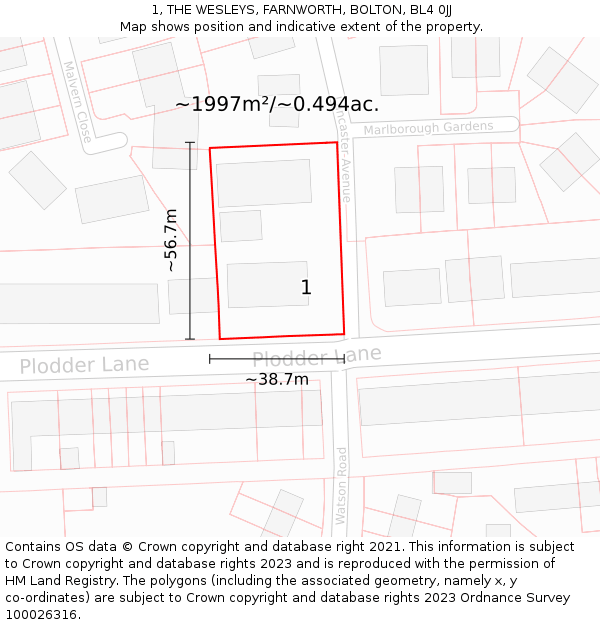 1, THE WESLEYS, FARNWORTH, BOLTON, BL4 0JJ: Plot and title map