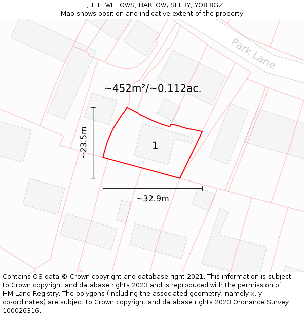 1, THE WILLOWS, BARLOW, SELBY, YO8 8GZ: Plot and title map