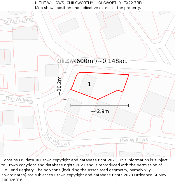 1, THE WILLOWS, CHILSWORTHY, HOLSWORTHY, EX22 7BB: Plot and title map