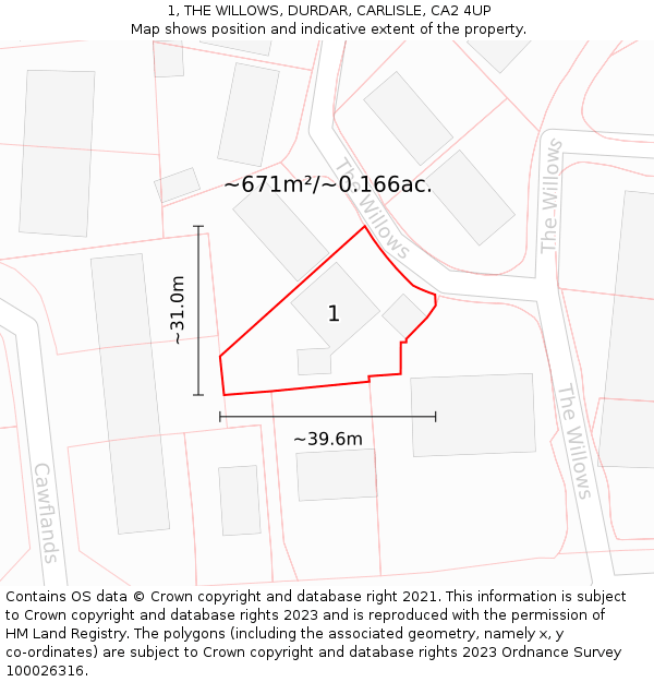 1, THE WILLOWS, DURDAR, CARLISLE, CA2 4UP: Plot and title map