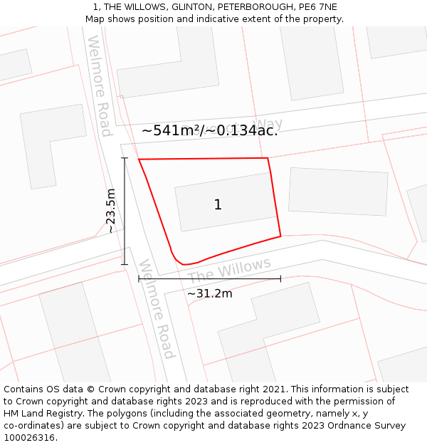 1, THE WILLOWS, GLINTON, PETERBOROUGH, PE6 7NE: Plot and title map