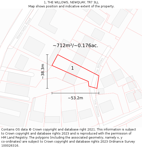 1, THE WILLOWS, NEWQUAY, TR7 3LL: Plot and title map