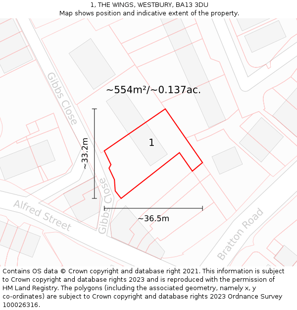 1, THE WINGS, WESTBURY, BA13 3DU: Plot and title map