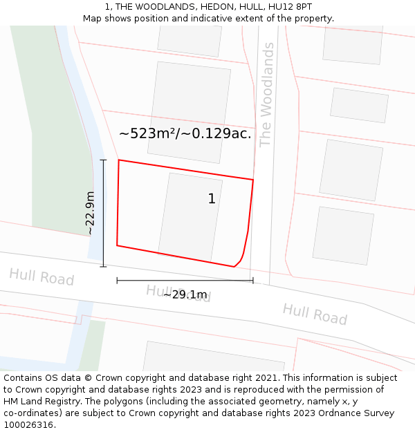 1, THE WOODLANDS, HEDON, HULL, HU12 8PT: Plot and title map