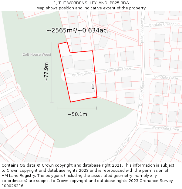 1, THE WORDENS, LEYLAND, PR25 3DA: Plot and title map