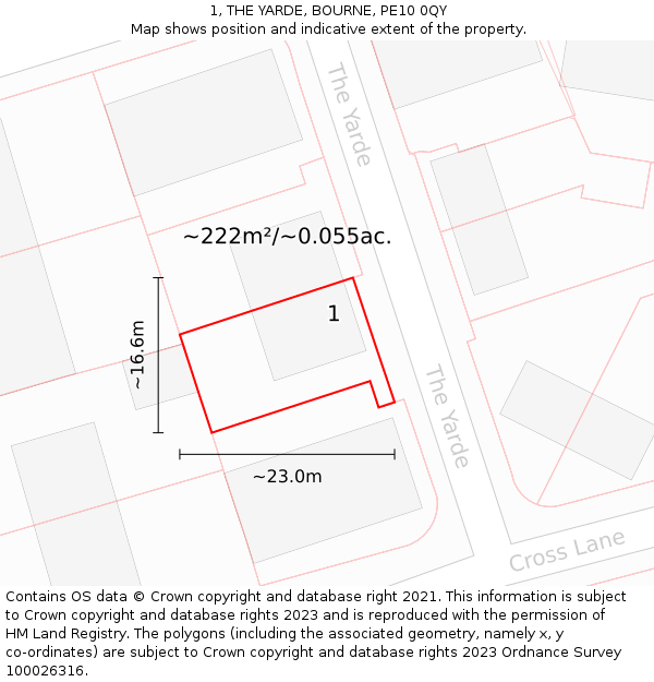 1, THE YARDE, BOURNE, PE10 0QY: Plot and title map