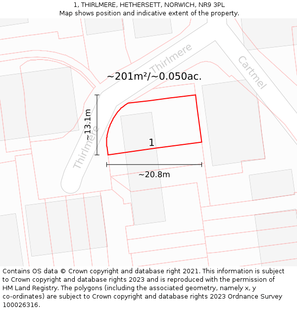 1, THIRLMERE, HETHERSETT, NORWICH, NR9 3PL: Plot and title map