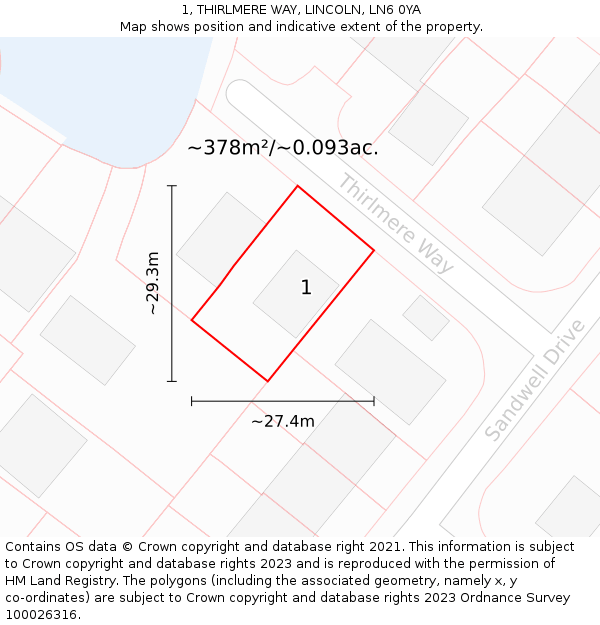 1, THIRLMERE WAY, LINCOLN, LN6 0YA: Plot and title map