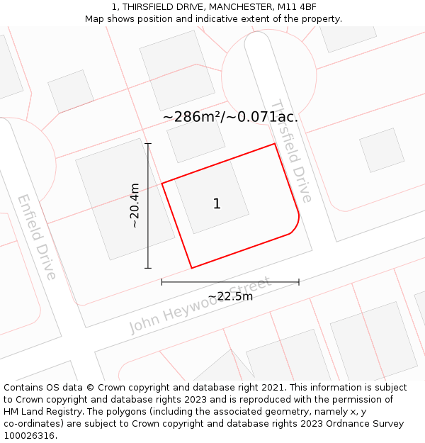 1, THIRSFIELD DRIVE, MANCHESTER, M11 4BF: Plot and title map
