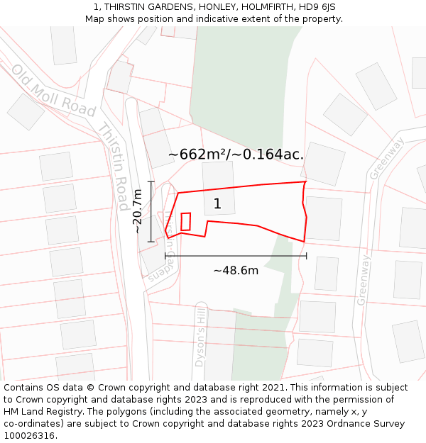 1, THIRSTIN GARDENS, HONLEY, HOLMFIRTH, HD9 6JS: Plot and title map