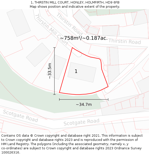 1, THIRSTIN MILL COURT, HONLEY, HOLMFIRTH, HD9 6FB: Plot and title map