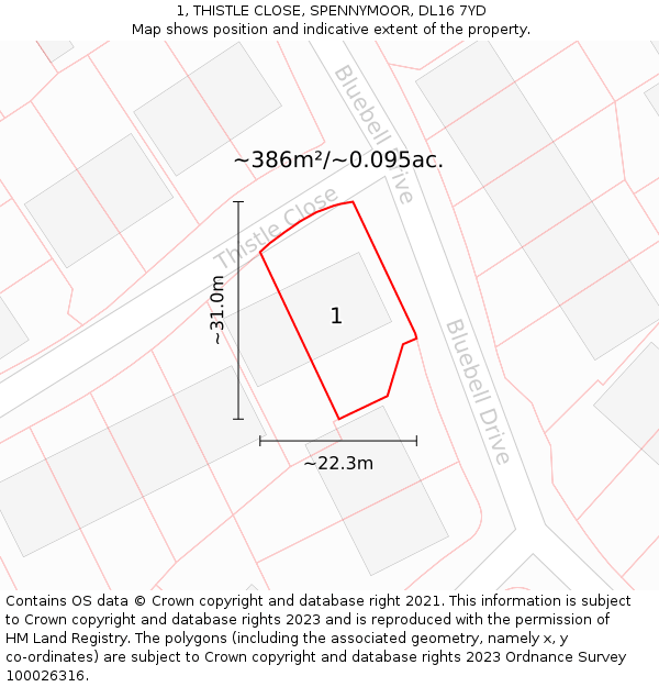 1, THISTLE CLOSE, SPENNYMOOR, DL16 7YD: Plot and title map