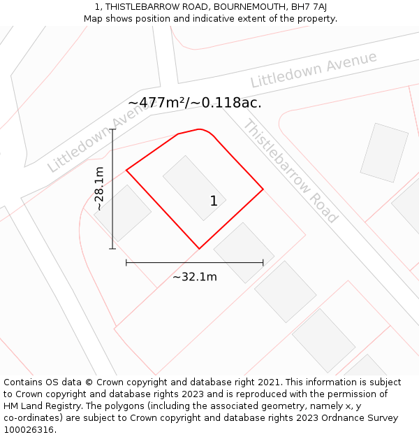 1, THISTLEBARROW ROAD, BOURNEMOUTH, BH7 7AJ: Plot and title map