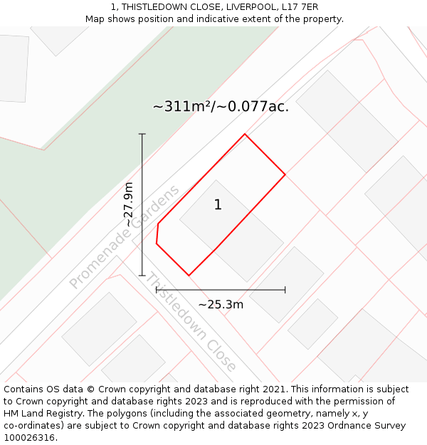1, THISTLEDOWN CLOSE, LIVERPOOL, L17 7ER: Plot and title map