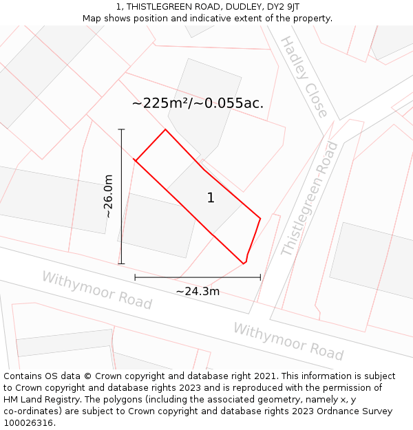 1, THISTLEGREEN ROAD, DUDLEY, DY2 9JT: Plot and title map