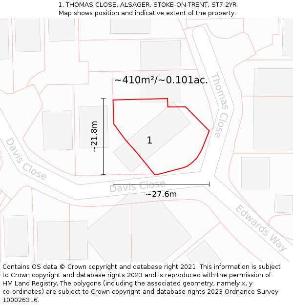 1, THOMAS CLOSE, ALSAGER, STOKE-ON-TRENT, ST7 2YR: Plot and title map