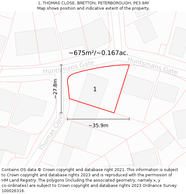 1, THOMAS CLOSE, BRETTON, PETERBOROUGH, PE3 9AY: Plot and title map