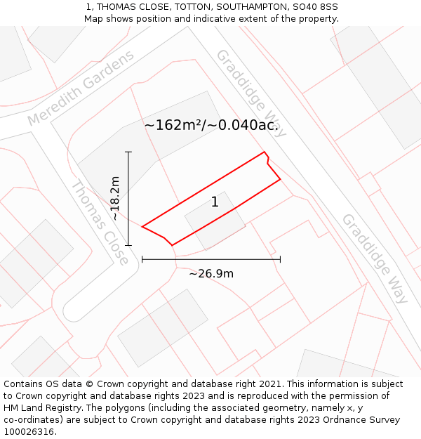 1, THOMAS CLOSE, TOTTON, SOUTHAMPTON, SO40 8SS: Plot and title map