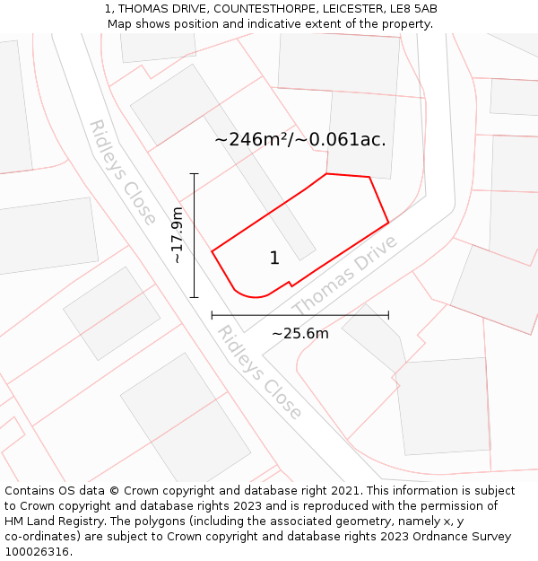 1, THOMAS DRIVE, COUNTESTHORPE, LEICESTER, LE8 5AB: Plot and title map