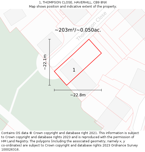 1, THOMPSON CLOSE, HAVERHILL, CB9 8NX: Plot and title map