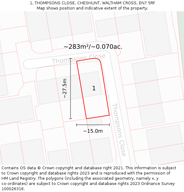 1, THOMPSONS CLOSE, CHESHUNT, WALTHAM CROSS, EN7 5RF: Plot and title map